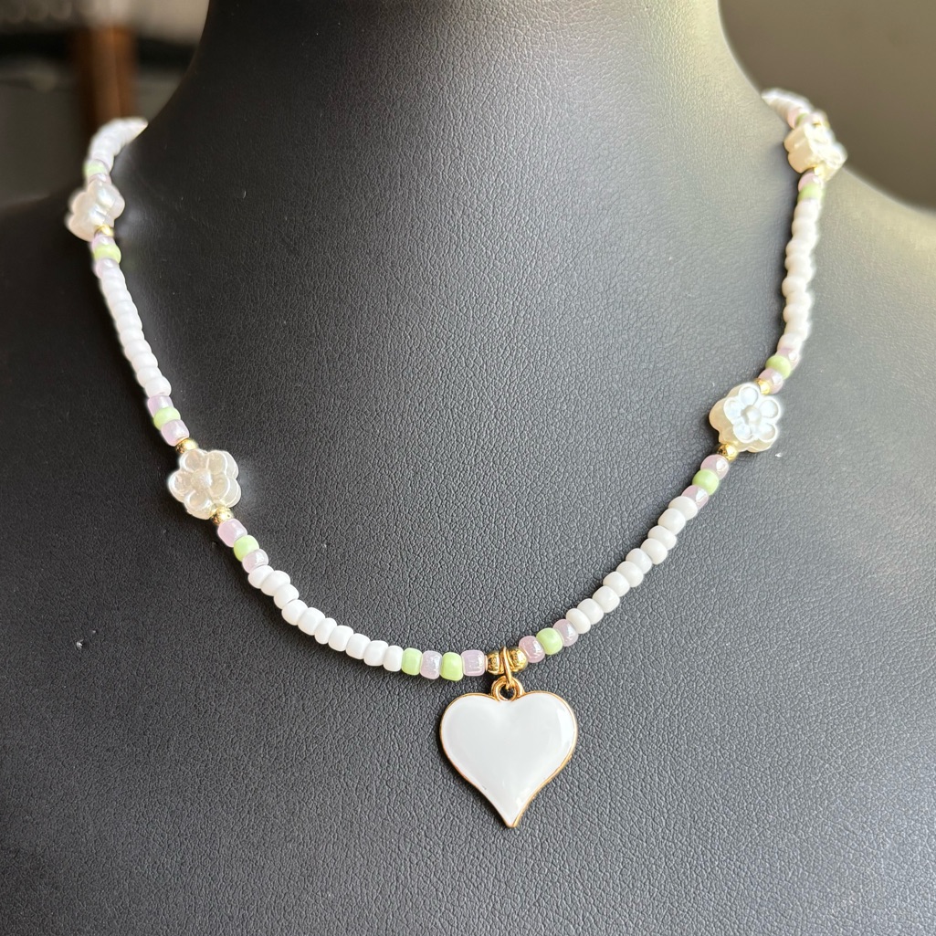 Heart Pendant Beaded Necklace With Floral Accents Adjustable Multicolor Options